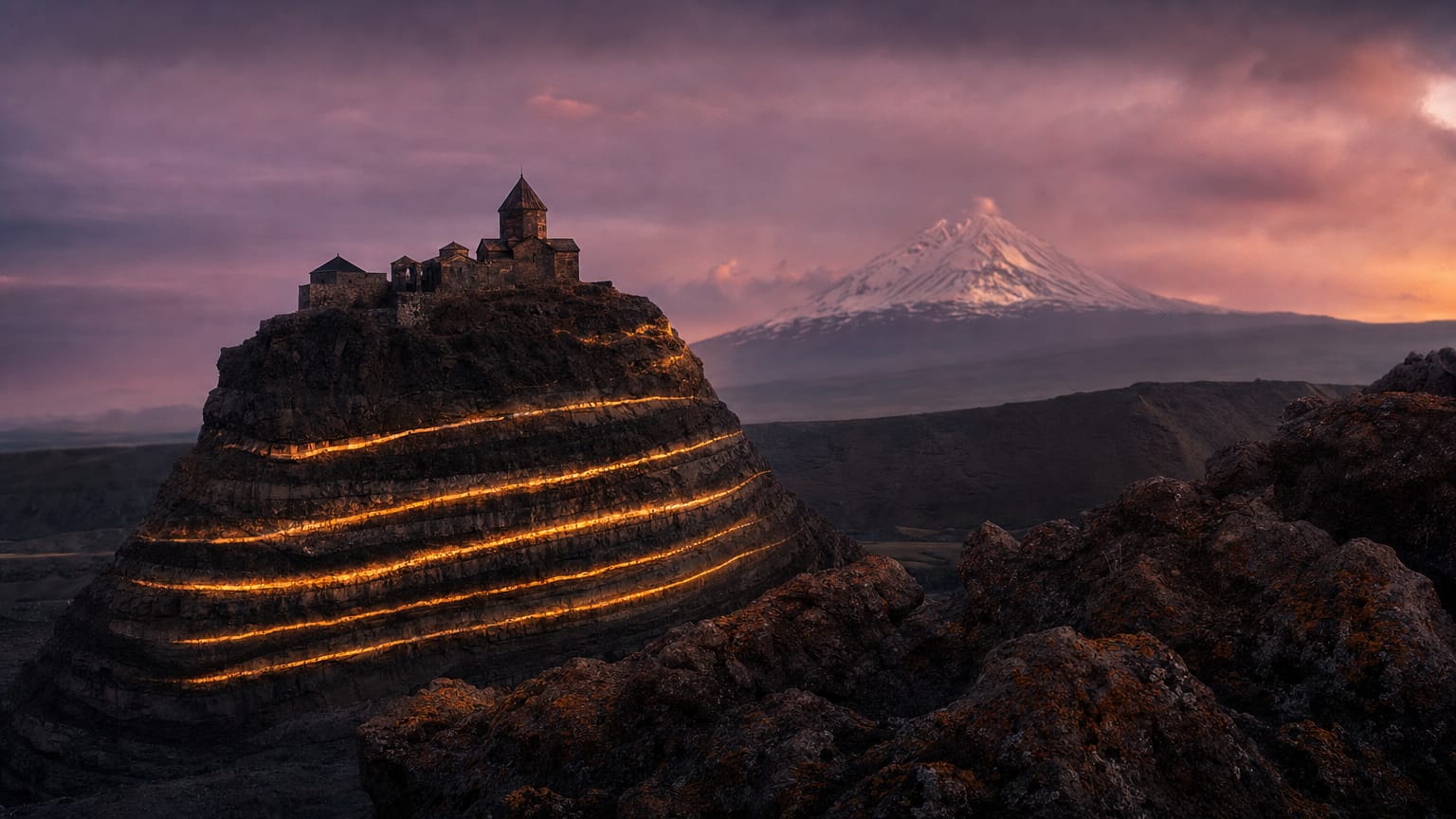 Dark volcanic highlands with an ancient monastery silhouette, layered strata below carrying steady threads of light toward the summit line.