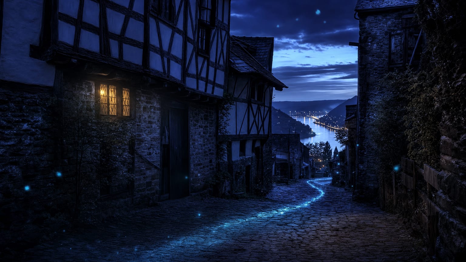 A medieval Rhineland lane at dusk with timber-framed houses, a thin indigo thread of light running along the cobbles toward a distant glowing river