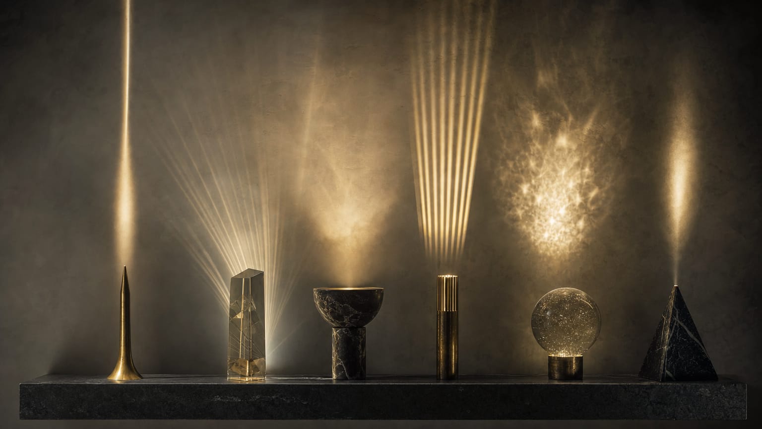 Six unlabelled instruments of brass, glass and stone on a long dark shelf, each throwing a different pattern of light onto the wall behind it.