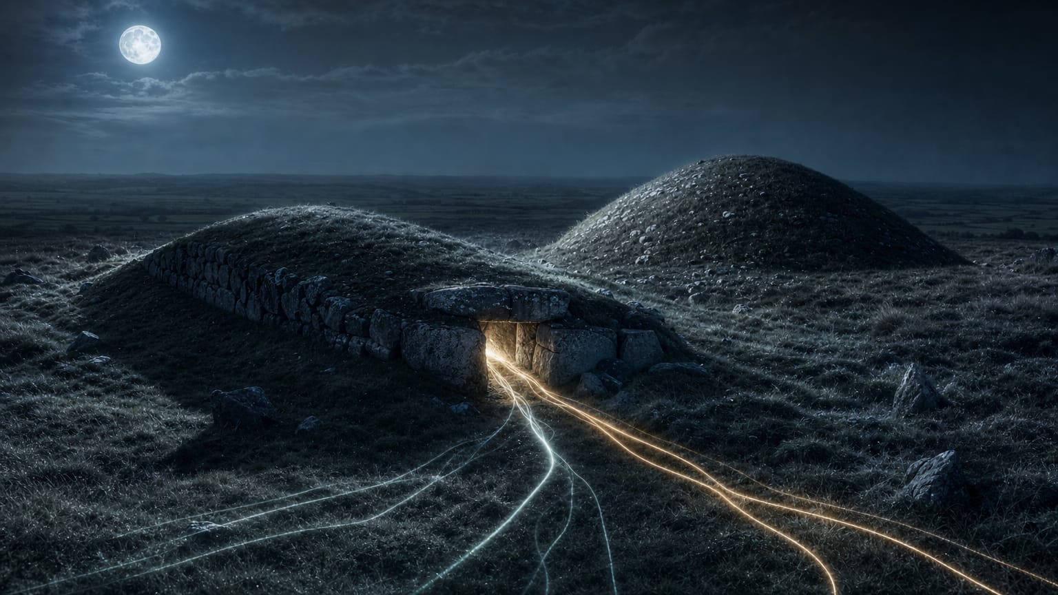 A dark Cotswold long barrow under moonlight with a newer round barrow beside it, two distinct generations of faint light threads meeting at the older tomb's entrance.