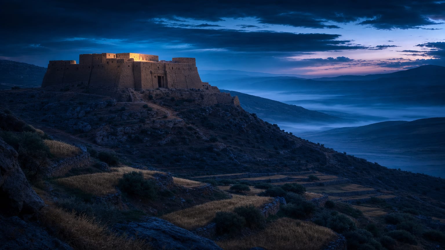 The great tell of a Bronze Age Levantine city at dusk, mudbrick ramparts and a chambered gate above olive terraces, cyan light pooling in the valley