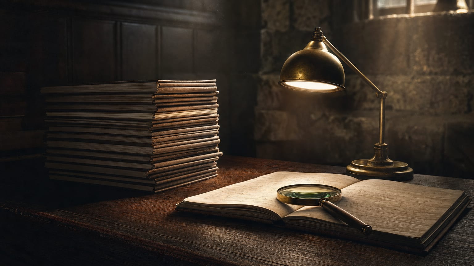 A tall stack of thin bound reports on a dark table beside one open ledger whose single page is lit by a lamp.