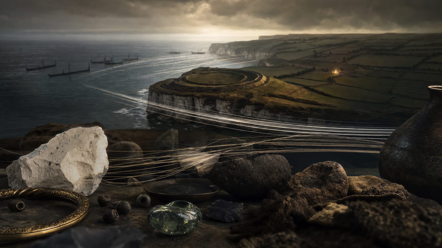 A dark chalk headland with a hillfort ring, longship silhouettes offshore, and successive strata of light threads crossing the channel toward the fields.
