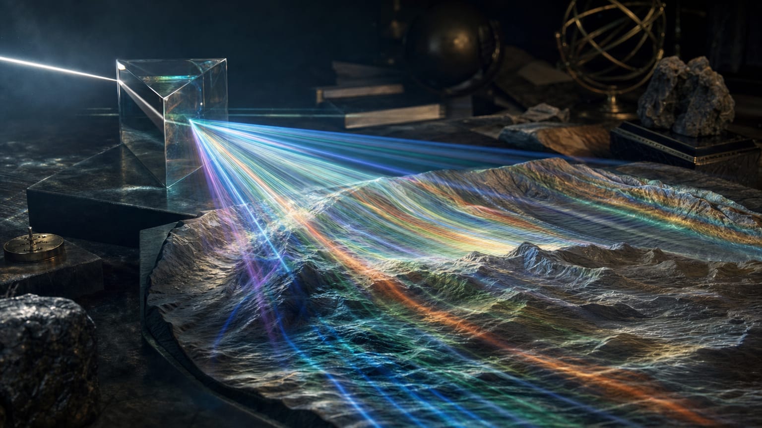 A dark editorial scene of a glass prism fracturing one beam into dozens of fine coloured threads spread across a contoured surface.