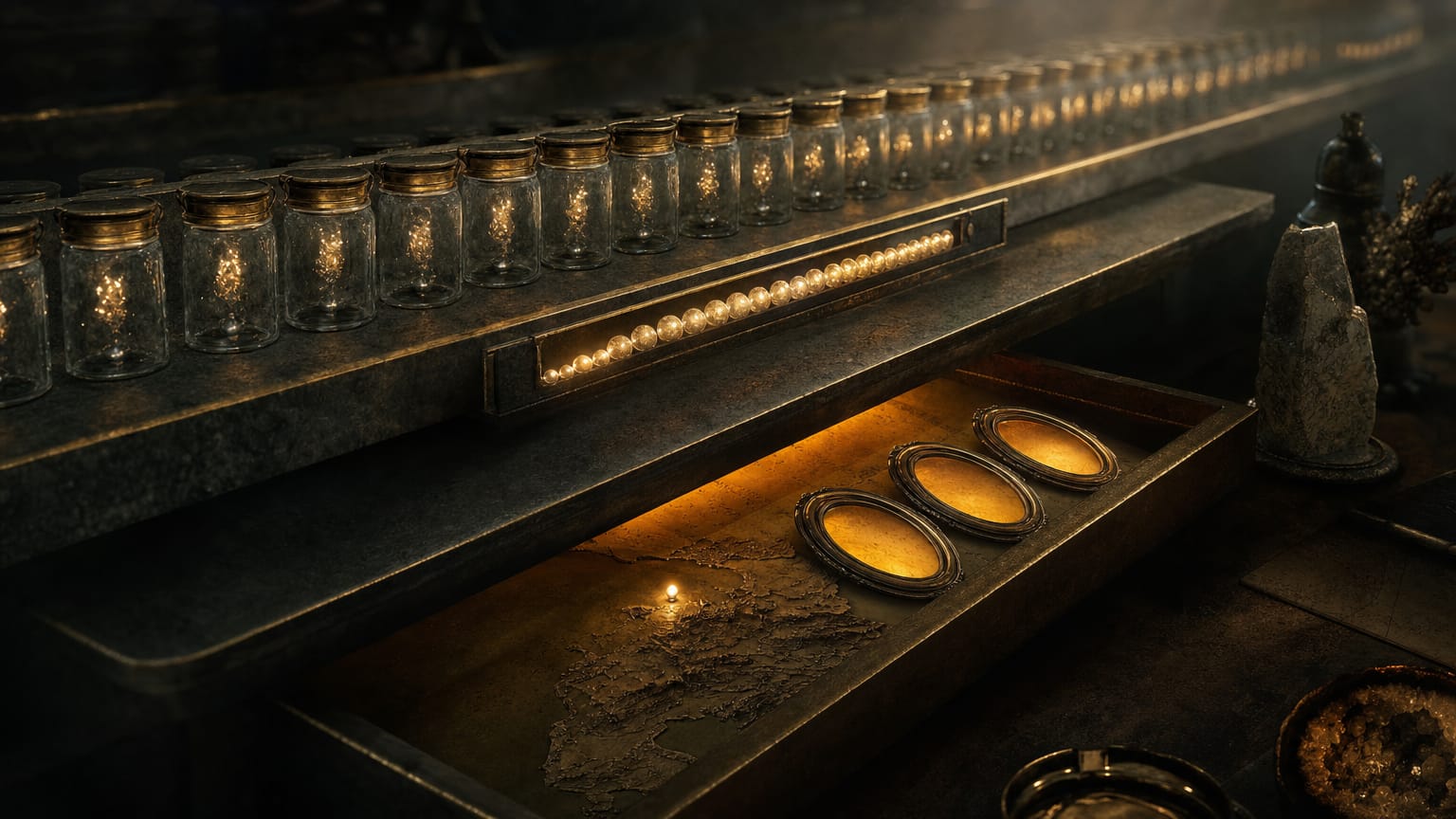 A dark editorial scene of a long shelf of identical glass vials, one strand of twenty-five glowing beads being laid into an empty slot, and a drawer below opening onto a small lit map.