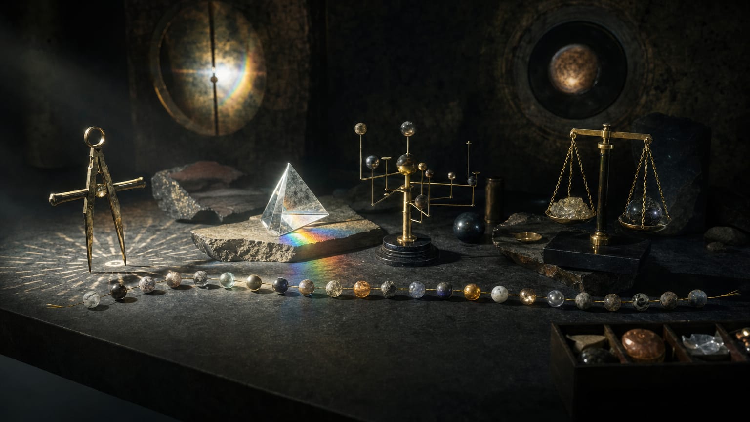 An orderly dark workbench of small glowing instruments, each casting a different pattern from one shared strand of light beads.