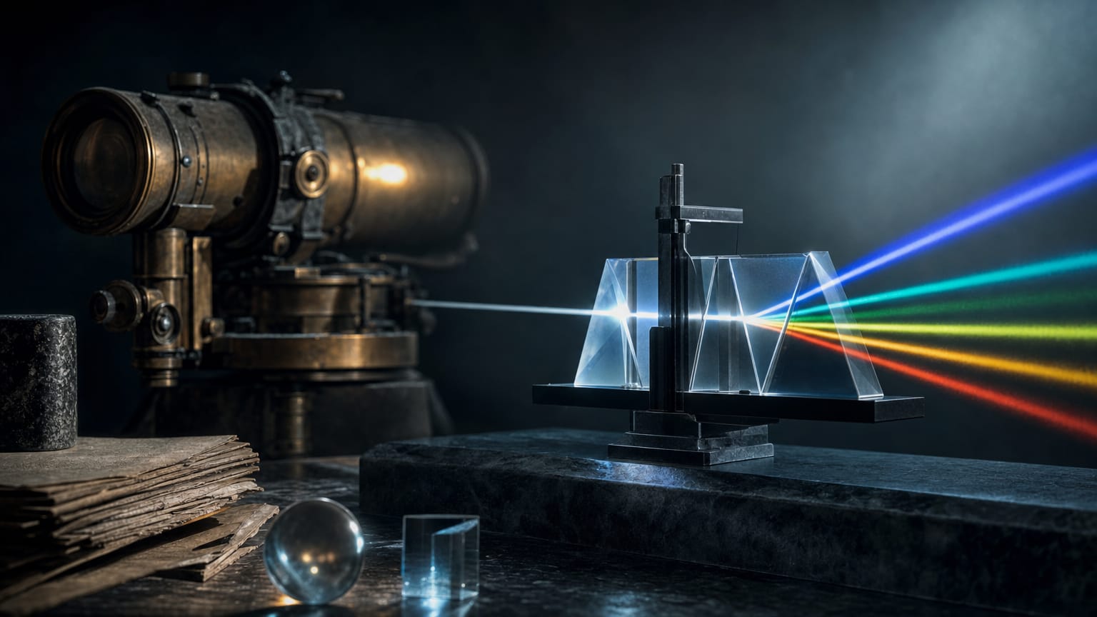 An old brass instrument gathering dust at the edge of a dark bench while a sleek glass apparatus in the foreground splits a bright beam.