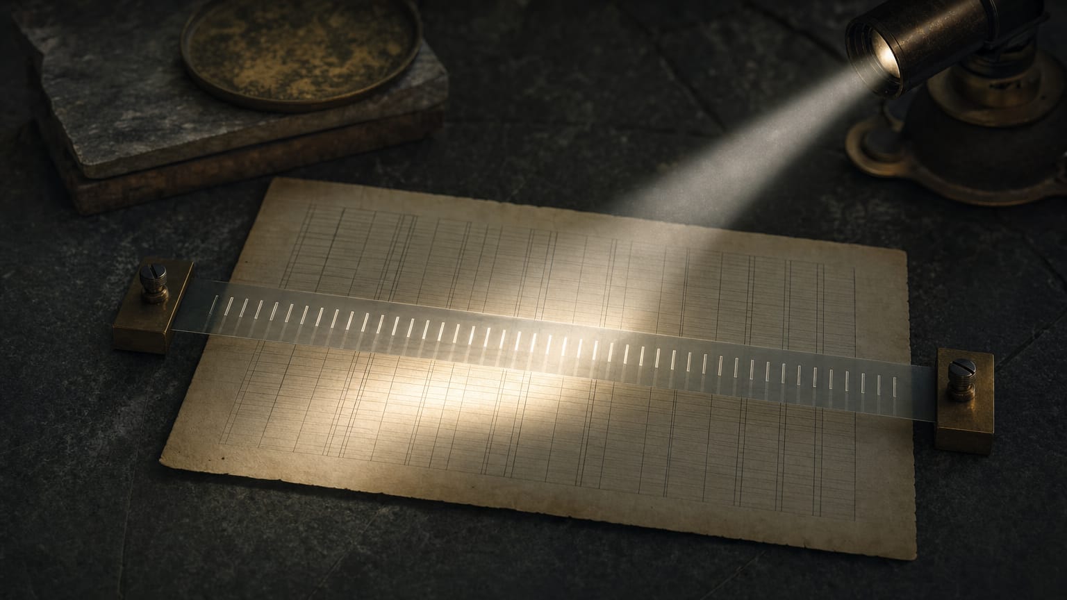 Ruled family-record paper under a strip of numbered film on a dark bench, one beam casting the ruling beneath the notches.