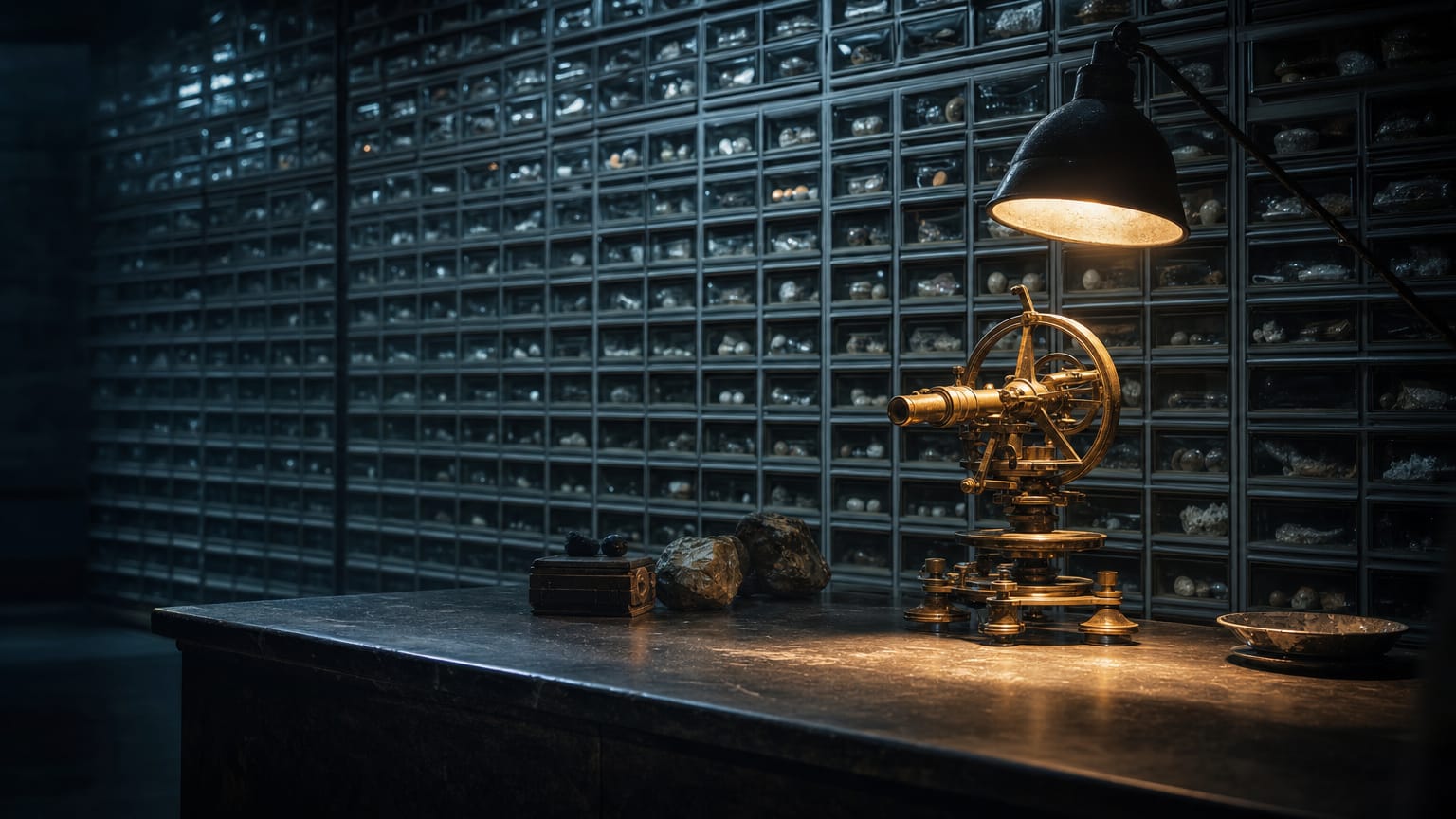 A wall of small glass drawers, hundreds of them, beside a single brass instrument on a dark bench under one lamp.
