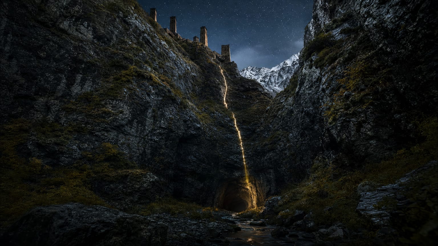 A dark cave mouth in a Caucasus gorge with a thin unbroken thread of light running from deep strata up toward stone towers on the ridge.
