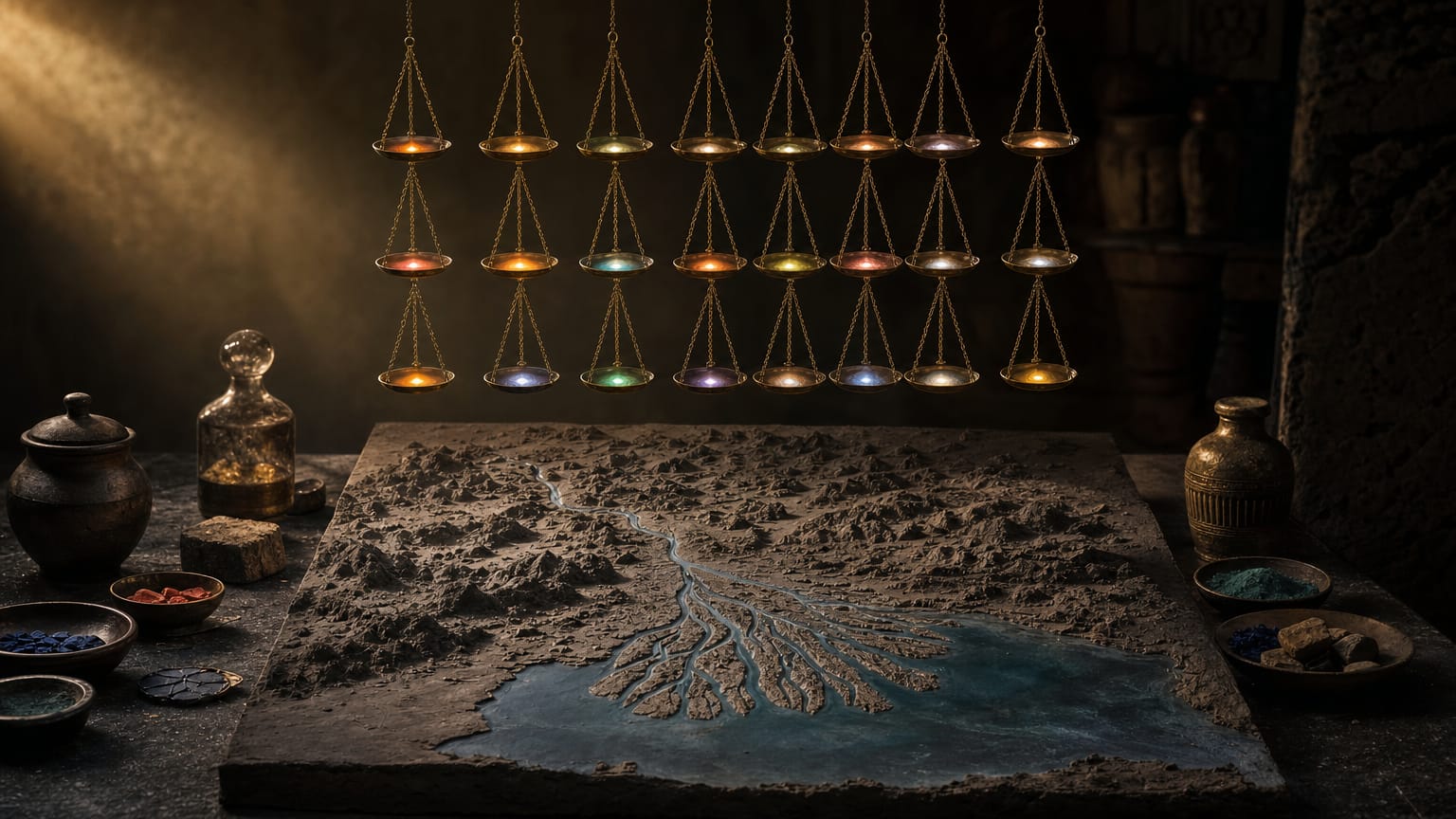 Sixteen small brass weighing pans on a dark workbench beside an abstract relief of the Indus river basin, lit by one warm beam.