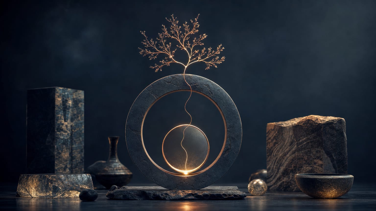 Nested rings of light in dark space with one bright thread leaving the innermost ring and climbing a delicate branching tree.