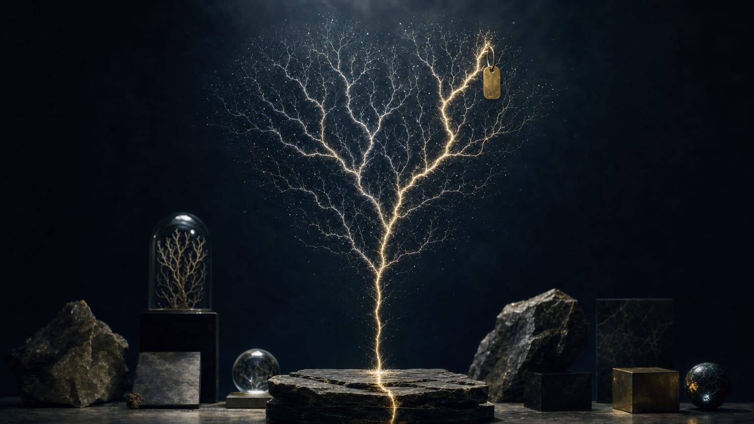 A single strand of light rising and branching into a tree of finer threads, one branch traced bright from root to tip with a brass tag.