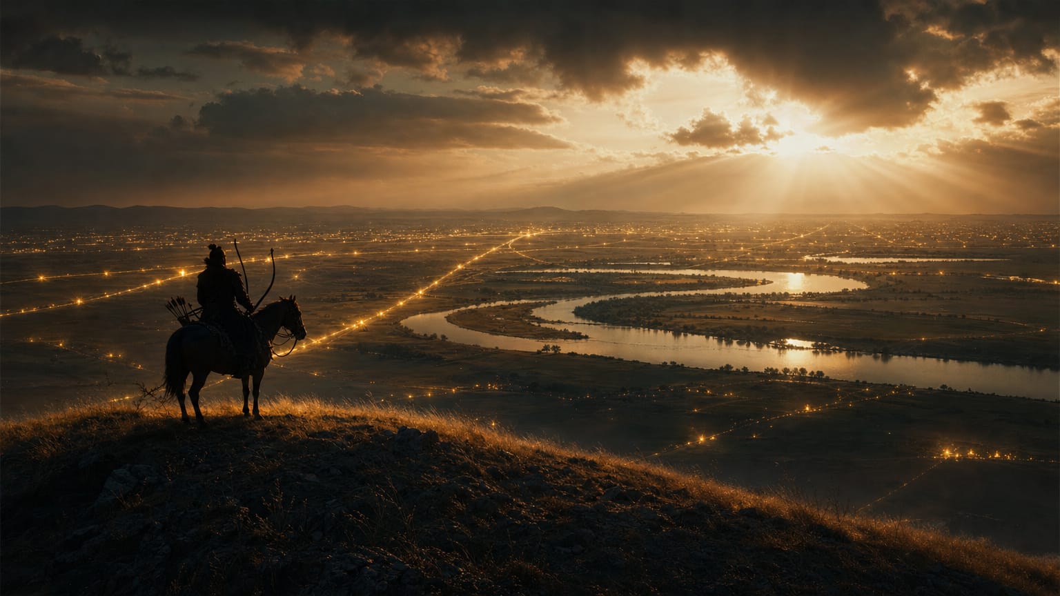 A dark Pannonian plain with a lone horseman silhouette on a mound, Danube bend gleaming, threads of light arriving from the east into settled fields.