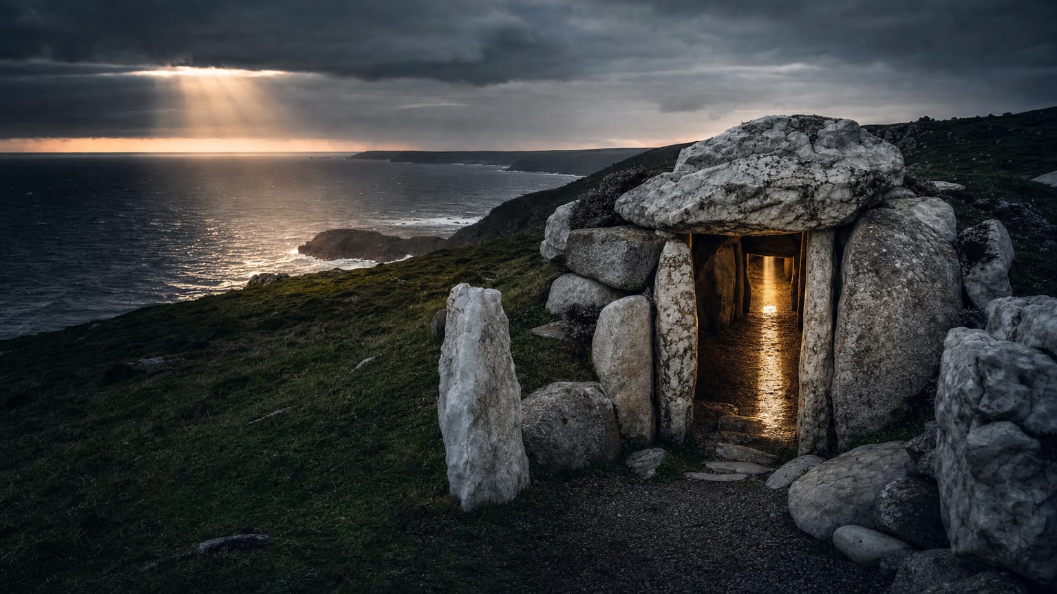 A dark Atlantic headland with a megalithic passage tomb, a winter beam of light entering its corridor while threads of light cross the sea behind.