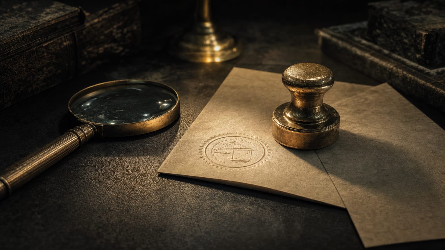 A single brass seal and a folded paper certificate on a dark desk under one lamp, a magnifying glass resting beside them.