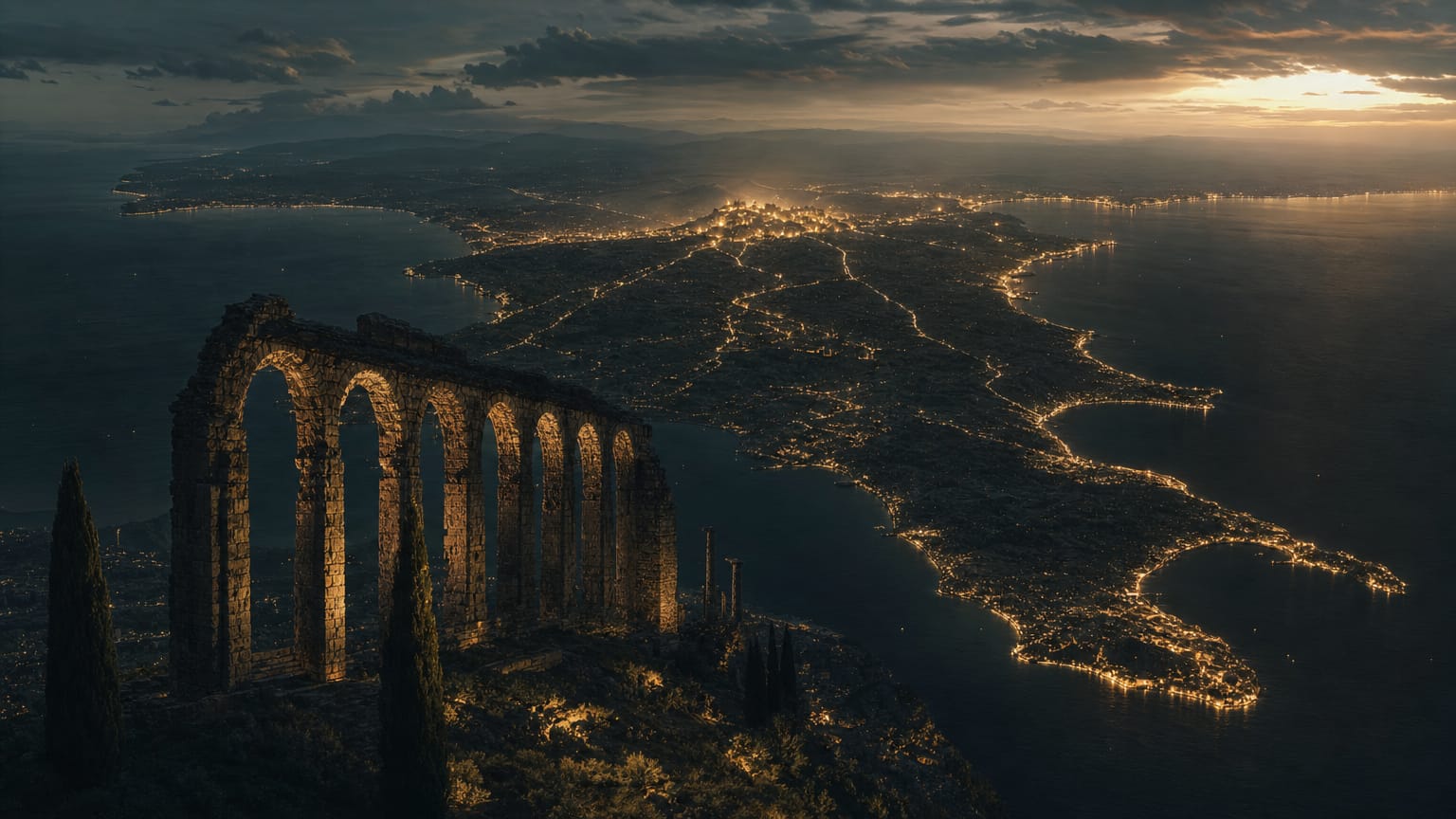 A dark peninsula seen from above at dusk, an aqueduct arch in the foreground, strata of light threads converging on a seven-hilled city.