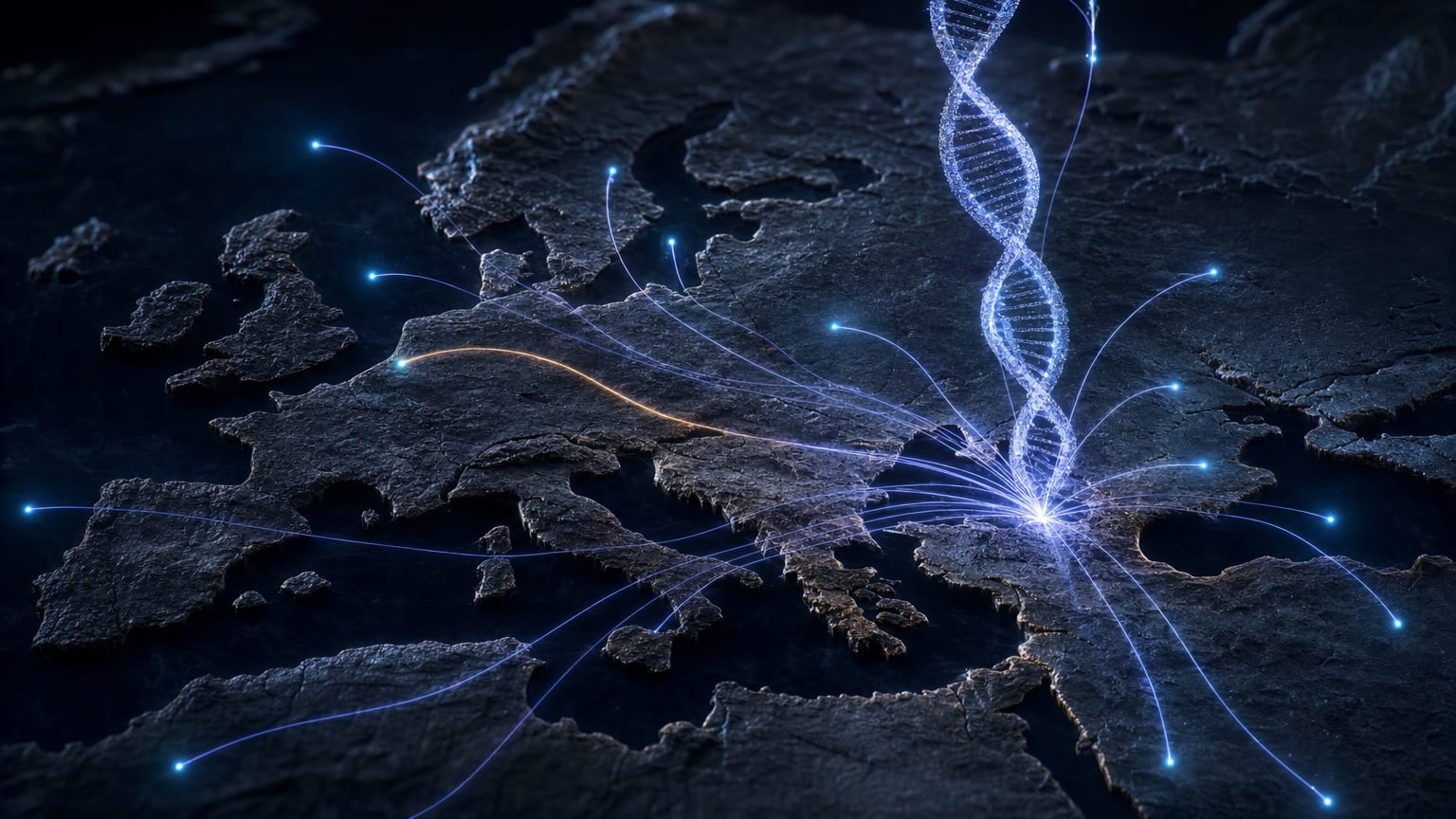 A luminous DNA helix rising over a dark relief map of the eastern Mediterranean, its light threading from the Levant across the sea to Iberia, Italy and the Rhineland