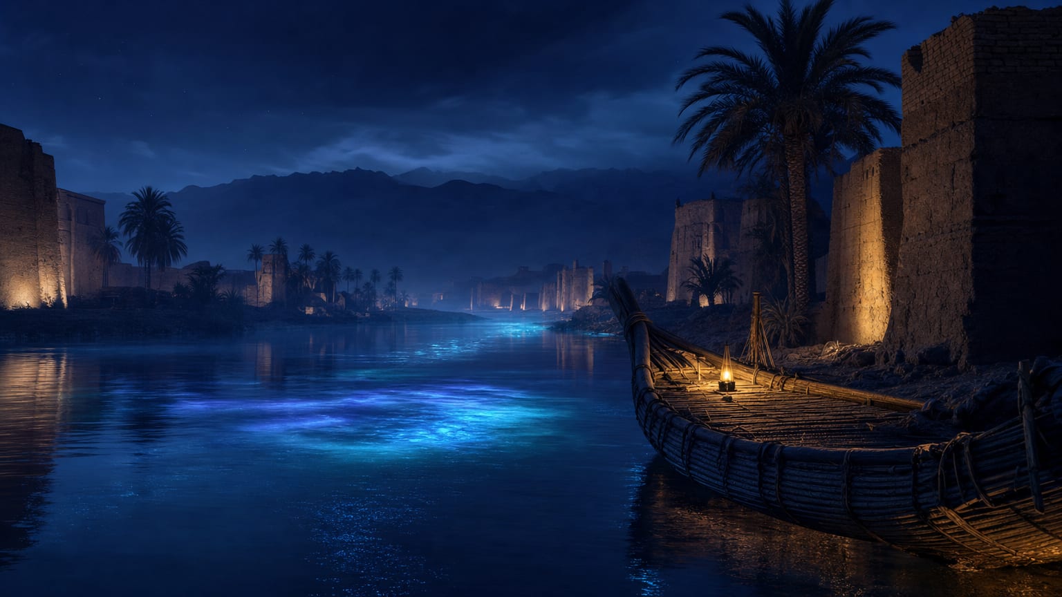 A wide river at night between mudbrick city walls and distant Zagros ridges, indigo and cyan light drifting on the water