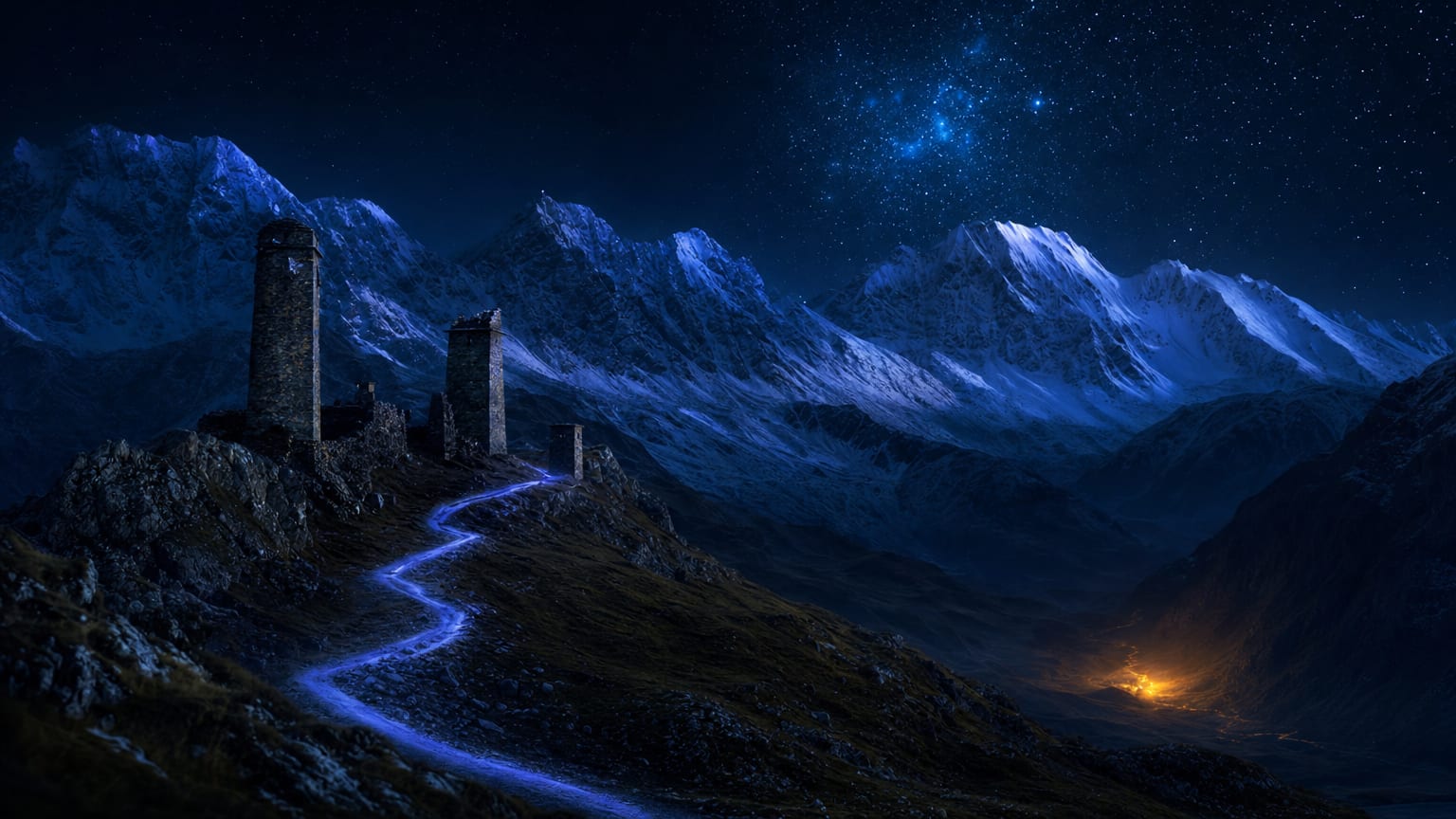A mountain pass in the Caucasus at night, stone towers on a ridge, a road of indigo light winding from the valley toward snowy peaks