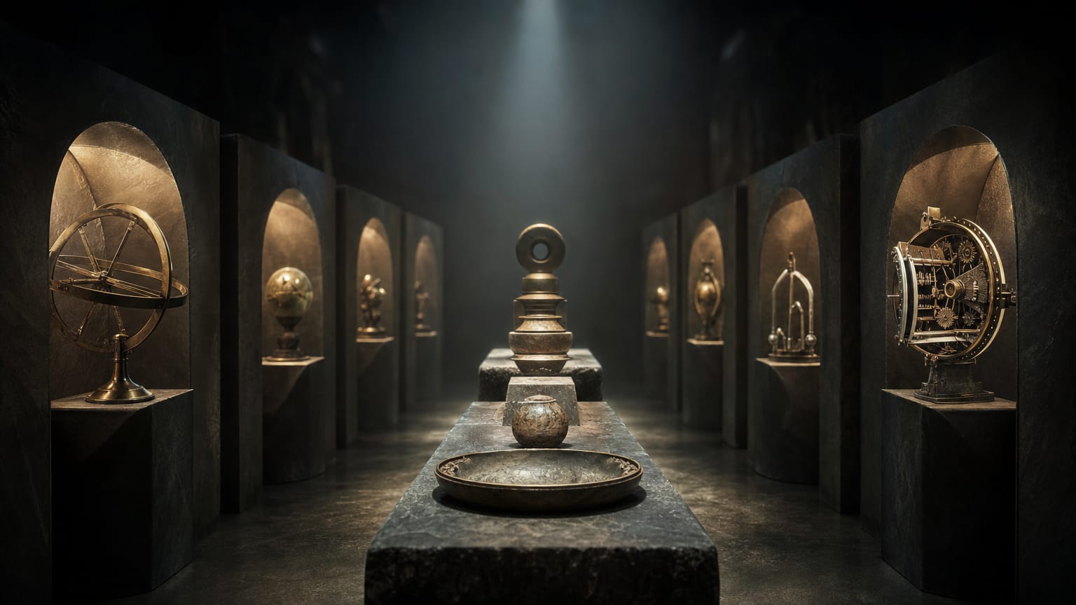 A dark museum corridor of softly lit alcoves, each holding a different instrument pointed at the same row of ancient artefacts.