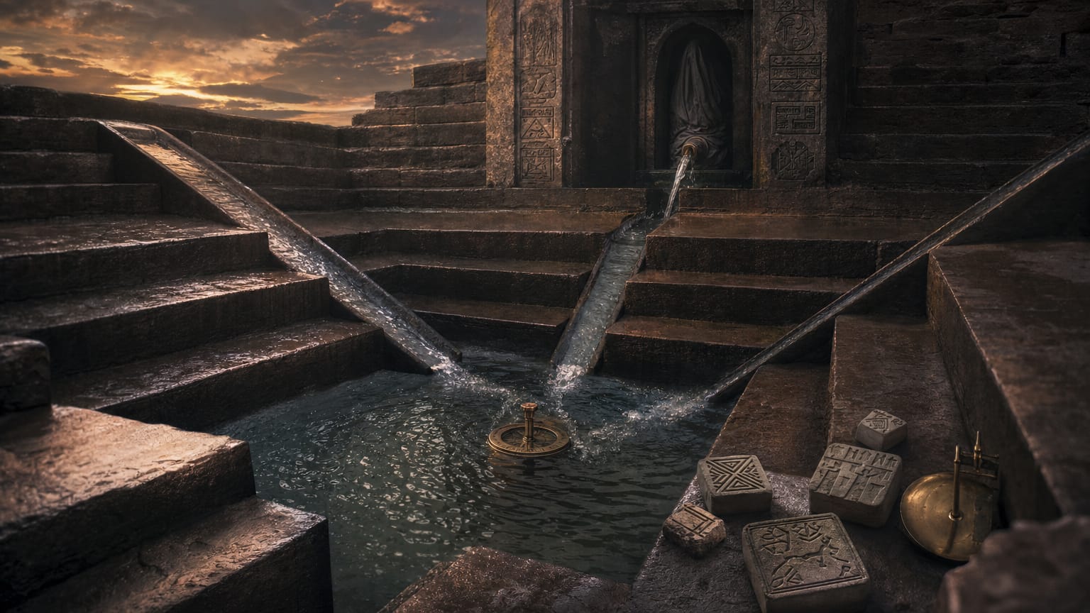 Three water channels meeting in a dark stepwell — one channel running from a veiled, unlit statue niche — carved seals and a brass gauge at the confluence.