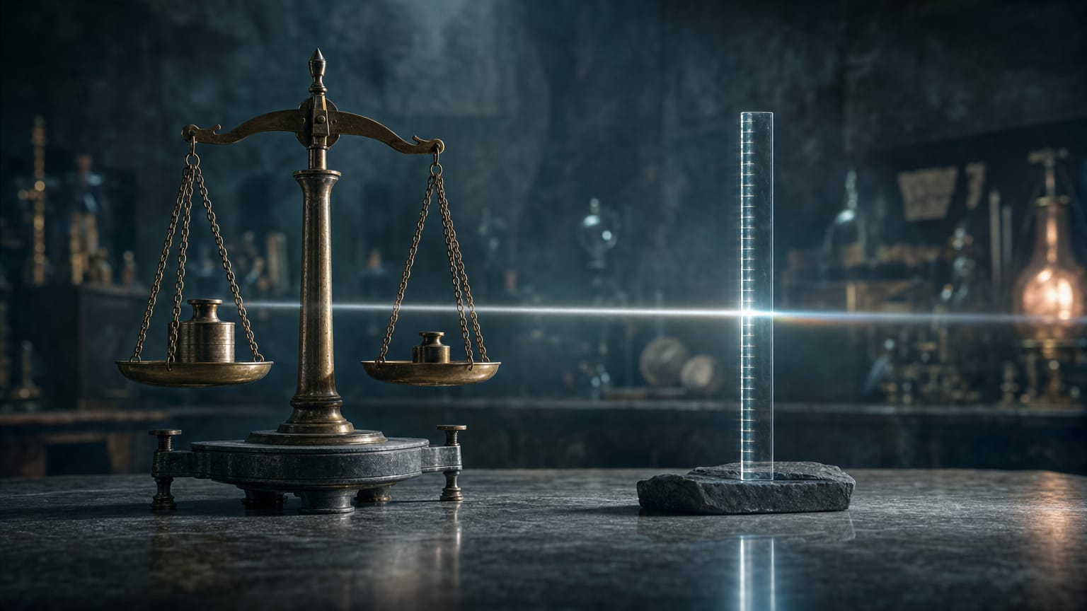 A brass balance and a slender notched glass rule facing each other on a dark bench, one beam of light read differently by each.