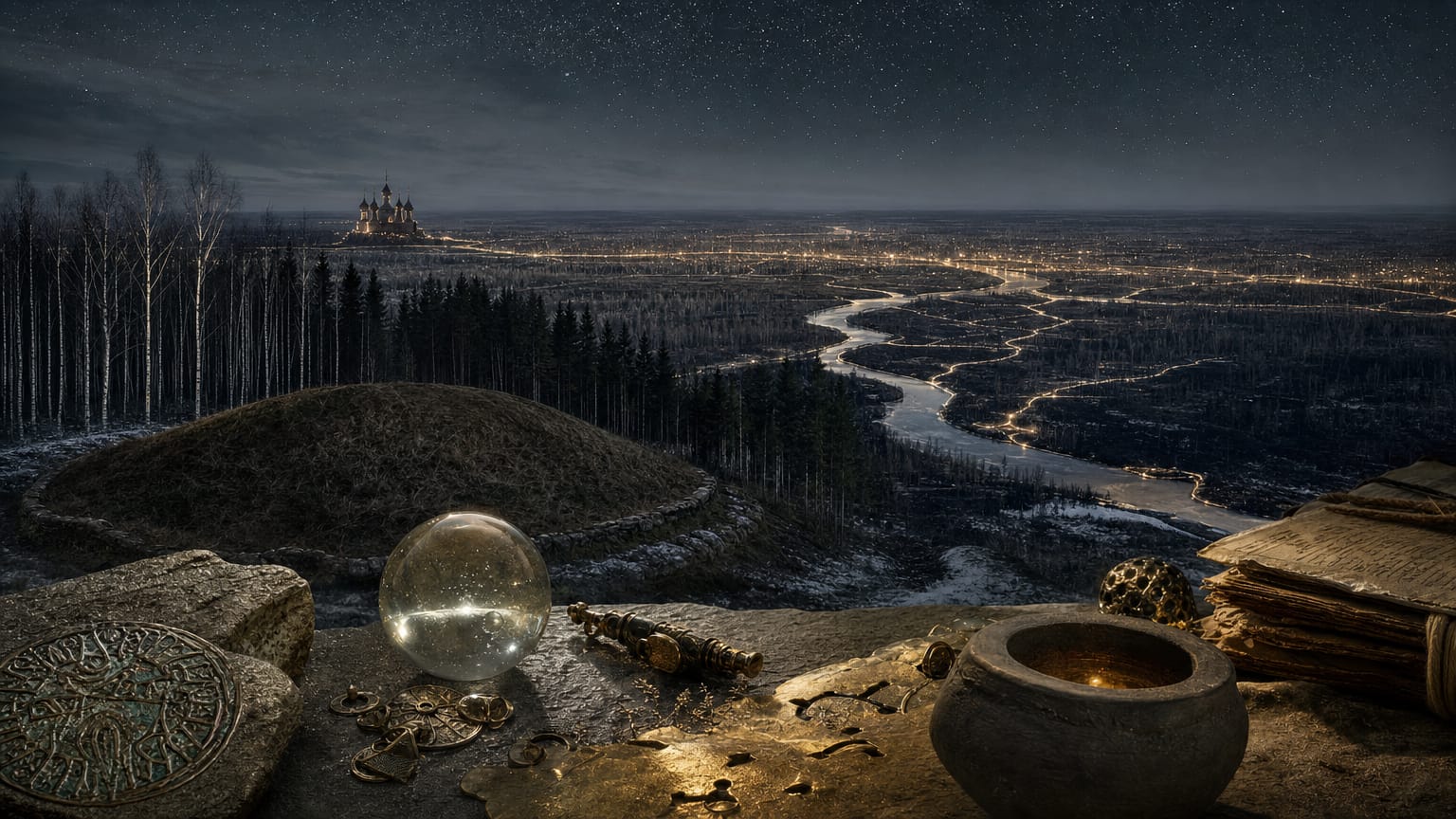 A dark birch-forest river plain stretching to taiga, an onion-dome silhouette and a kurgan mound, threads of light fanning north and east.