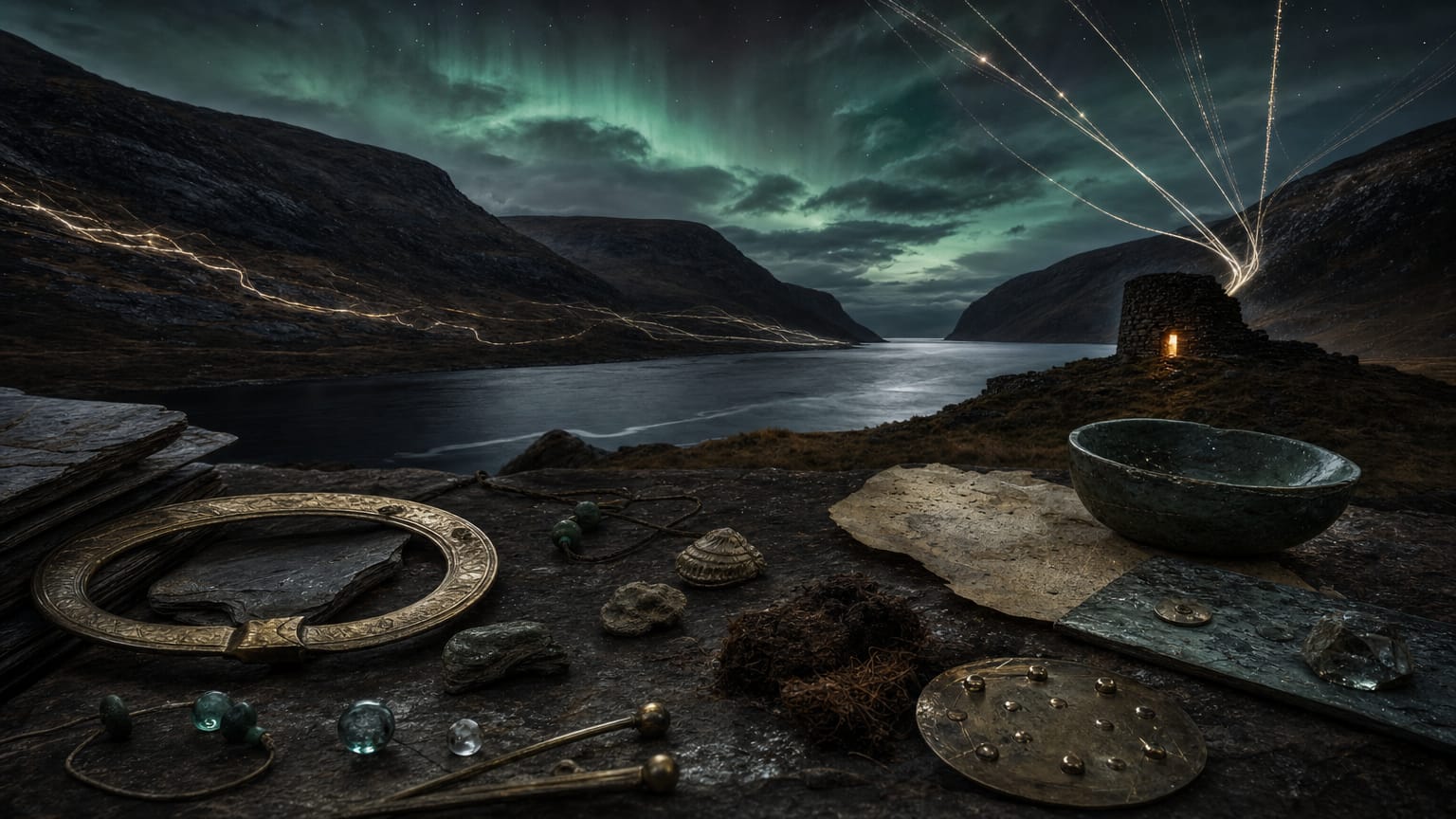 A dark loch between glens with a broch tower silhouette, northern lights faint above, and threads of light arriving over sea from the northeast.