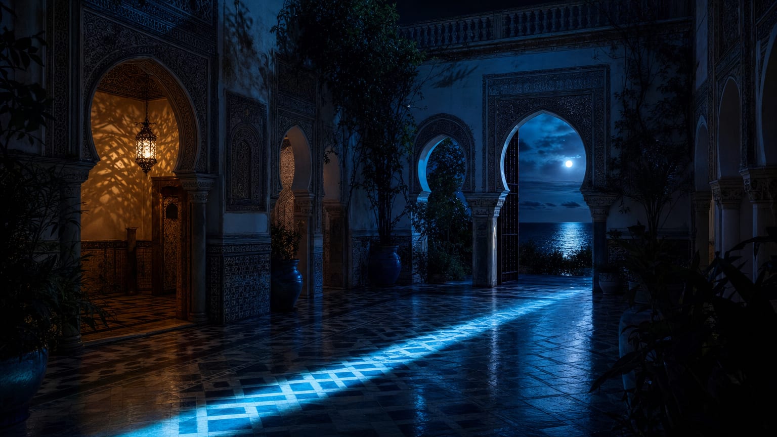 Horseshoe arches of an old Iberian courtyard at night, a strand of light crossing a dark tiled floor toward an open door and a moonlit sea