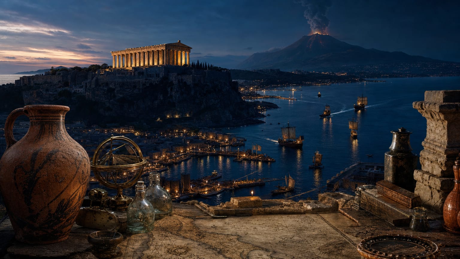 A dark coastal scene beneath a volcano: a Greek temple silhouette on a headland, layered harbour strata below threaded with converging lights.
