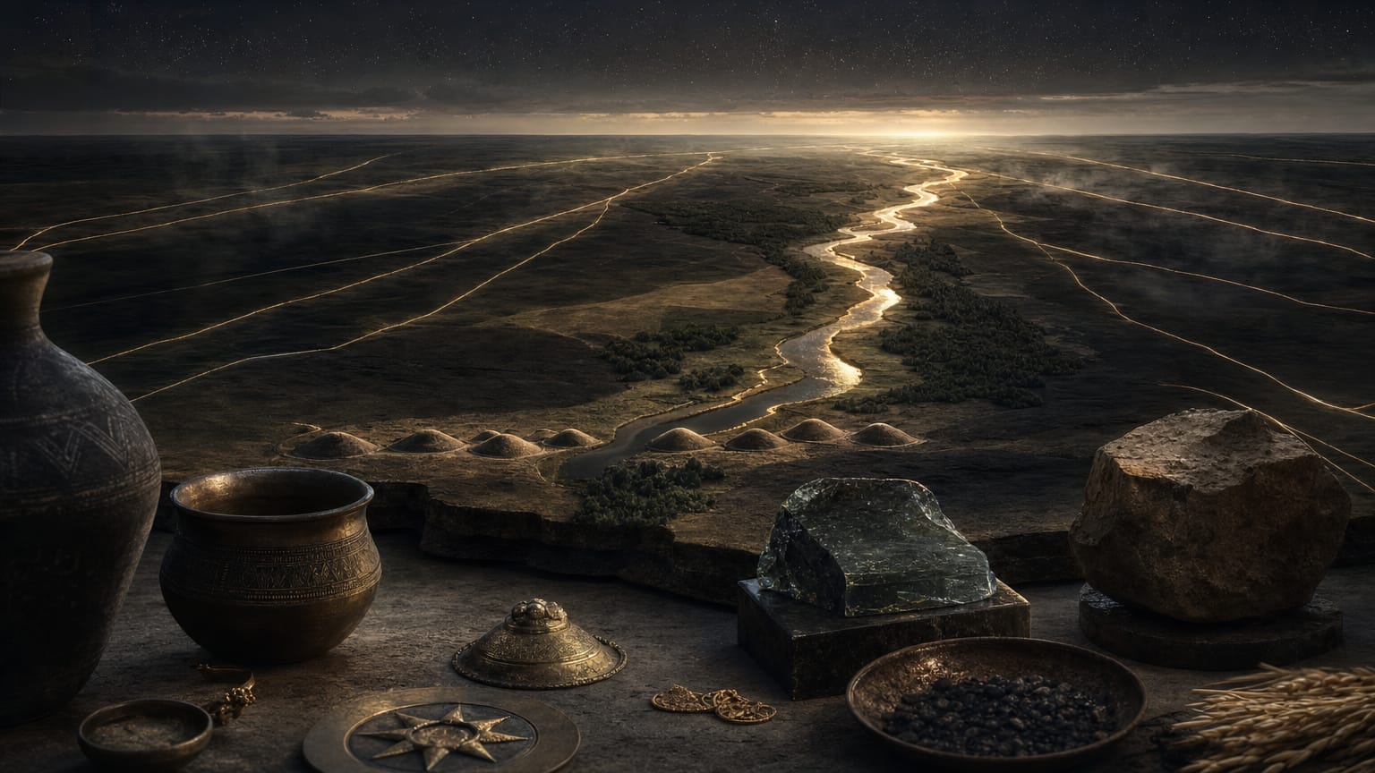 A dark steppe horizon with kurgan mounds and a great river bend, wheat-dark fields under stars, threads of light radiating outward from the river country.