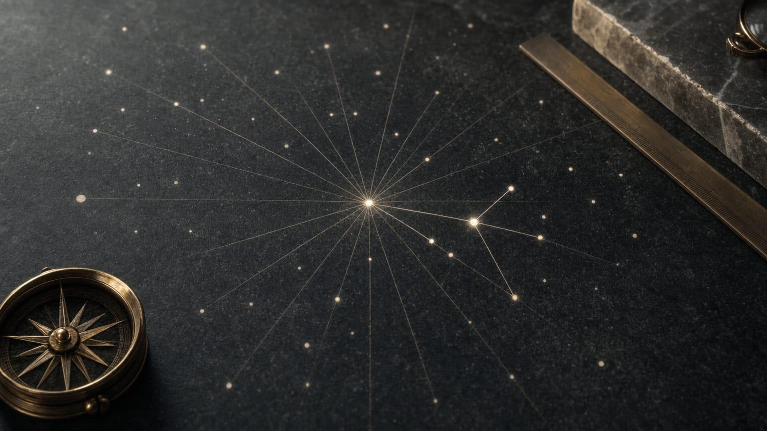 A dark star chart with twenty-five faint axes, one bright point plotted and measured lines drawn to its nearest neighbours.