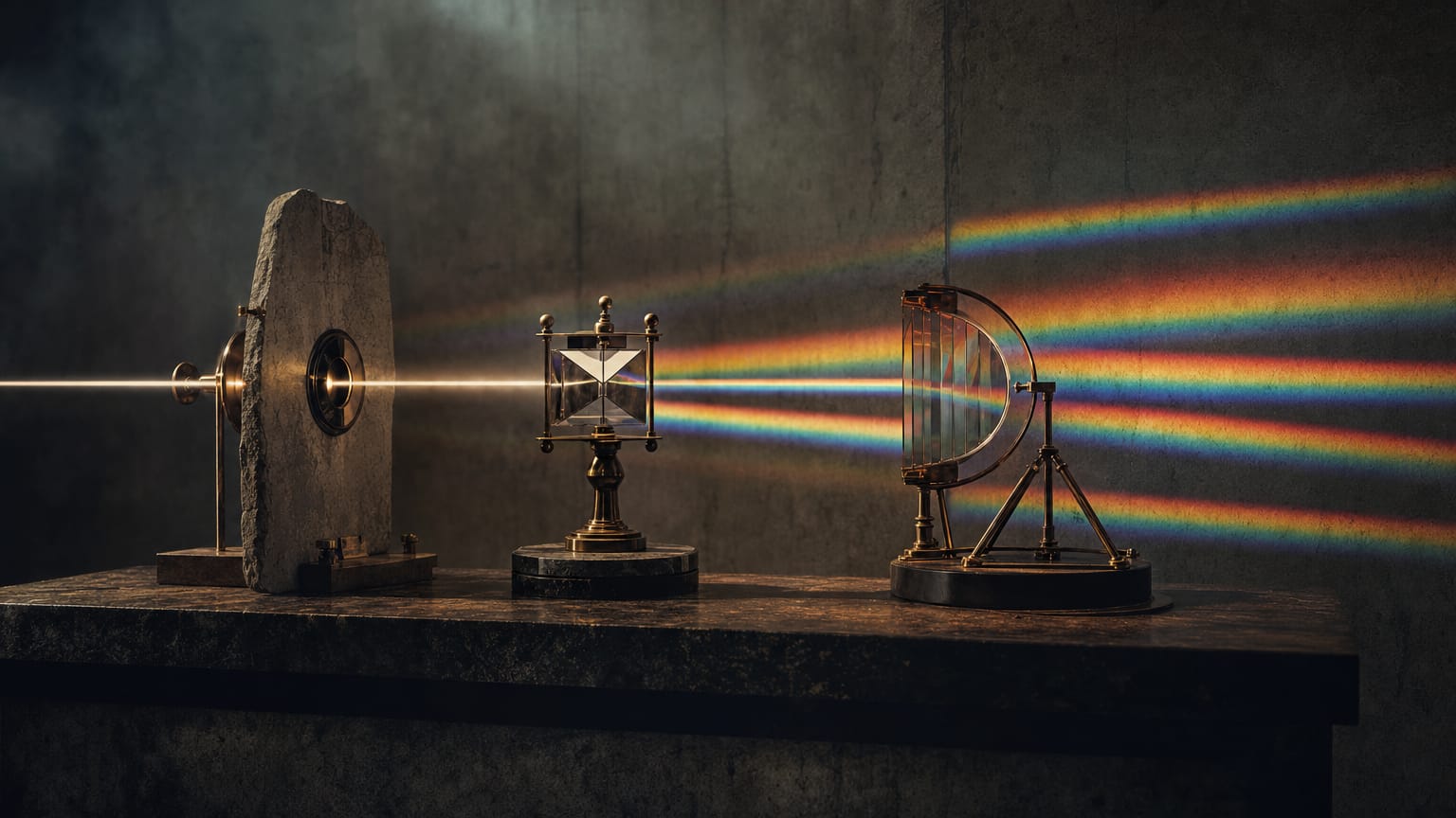 Three abstract instruments on a dark bench projecting three visibly different banded spectra from the same single beam of light.