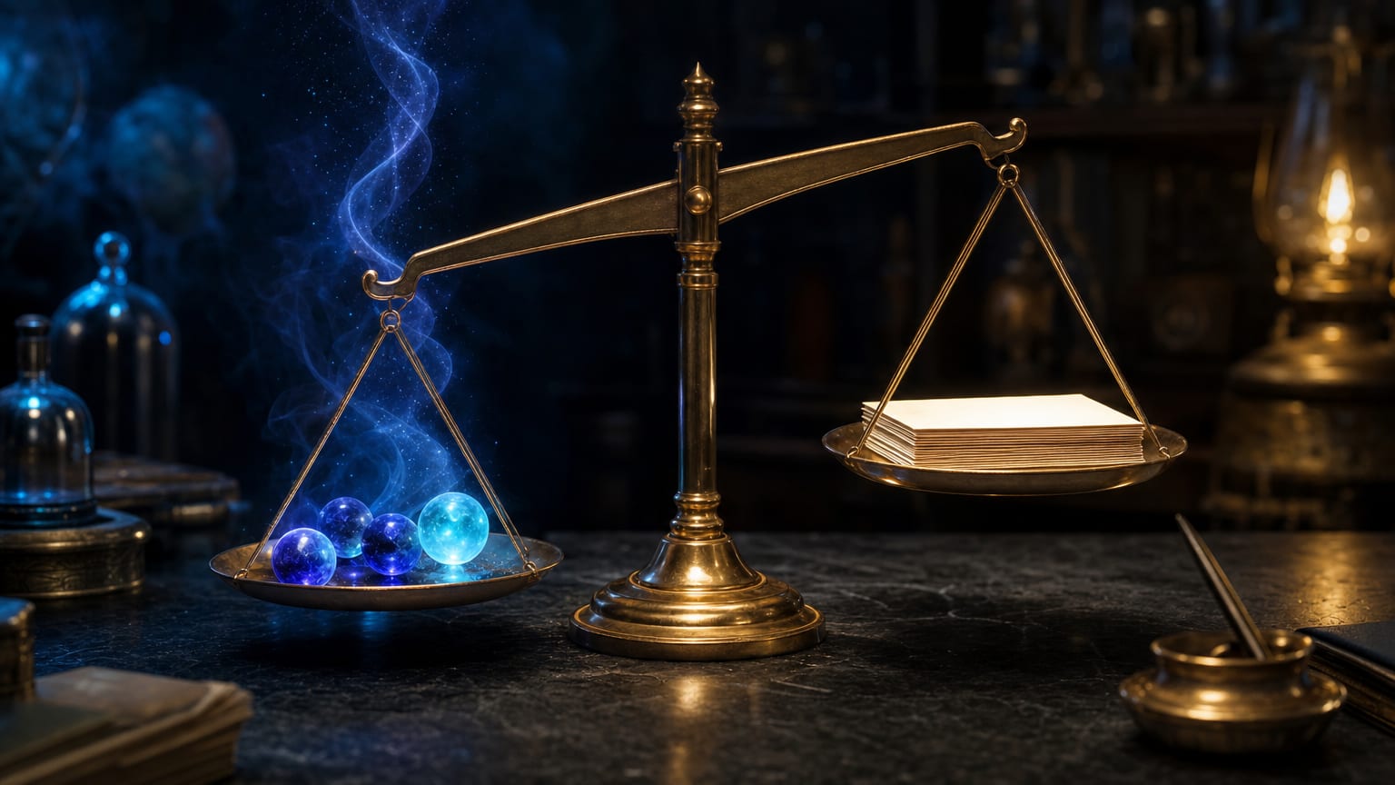 A brass balance on a dark desk weighing small glowing spheres against a stack of blank paper cards, a helix of light above