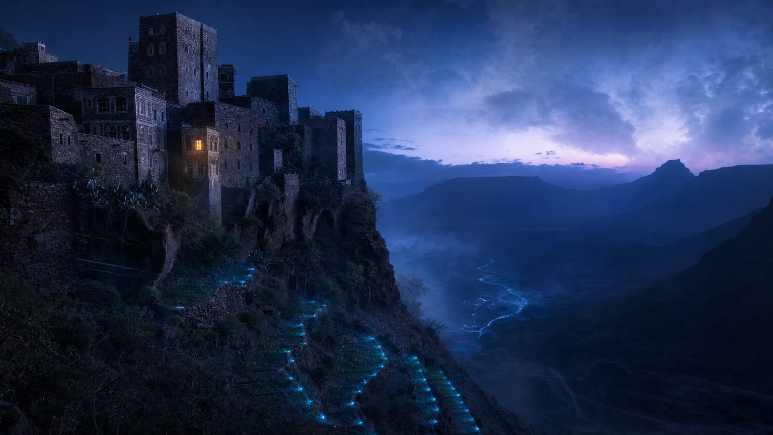 Tower houses of a highland Yemeni town at twilight above terraced fields, a thread of cyan light following the terraces down into a dark valley